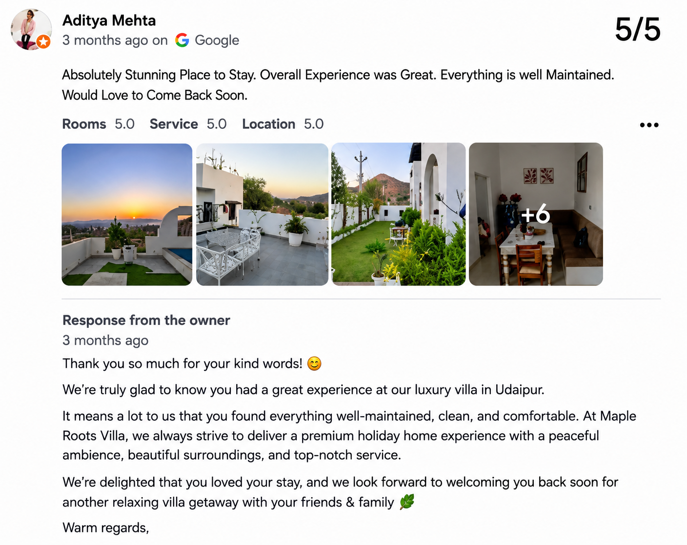 Celebration Villa Udaipur — Maple Roots Villa Guest Review — Maple Roots Villa Udaipur guest review photo