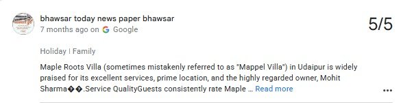 Private Places in Udaipur for Couples — Maple Roots Villa Guest Review — Maple Roots Villa Udaipur guest review photo