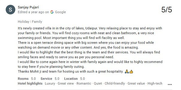 Private Resort Villa Udaipur — Maple Roots Villa Guest Review — Maple Roots Villa Udaipur guest review photo