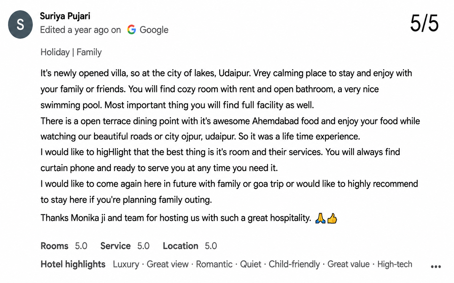Surprise Party Place in Udaipur — Maple Roots Villa Guest Review — Udaipur villa guest review